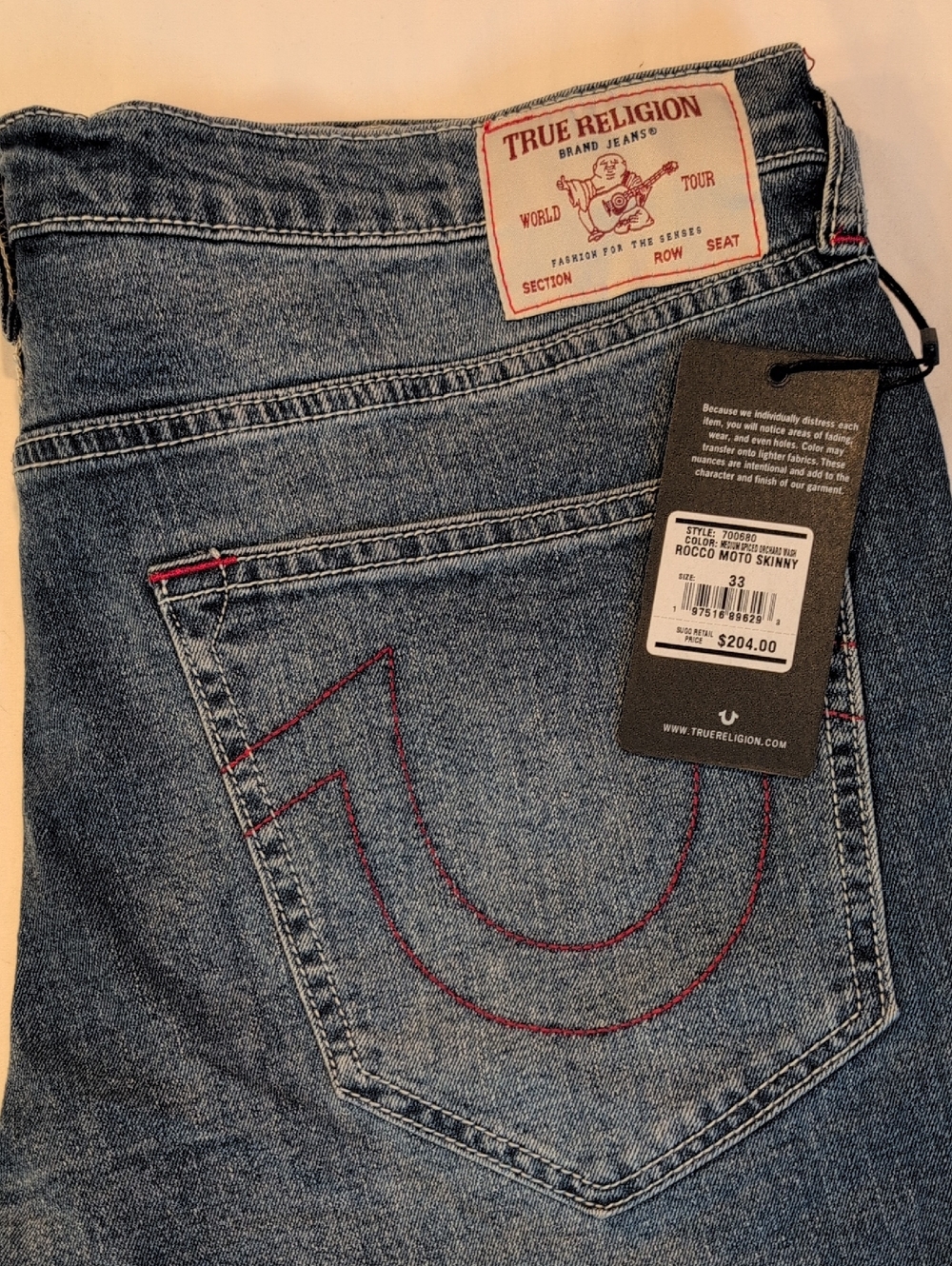 True Religion Men's Skinny Jeans in Blue with Red Stitching